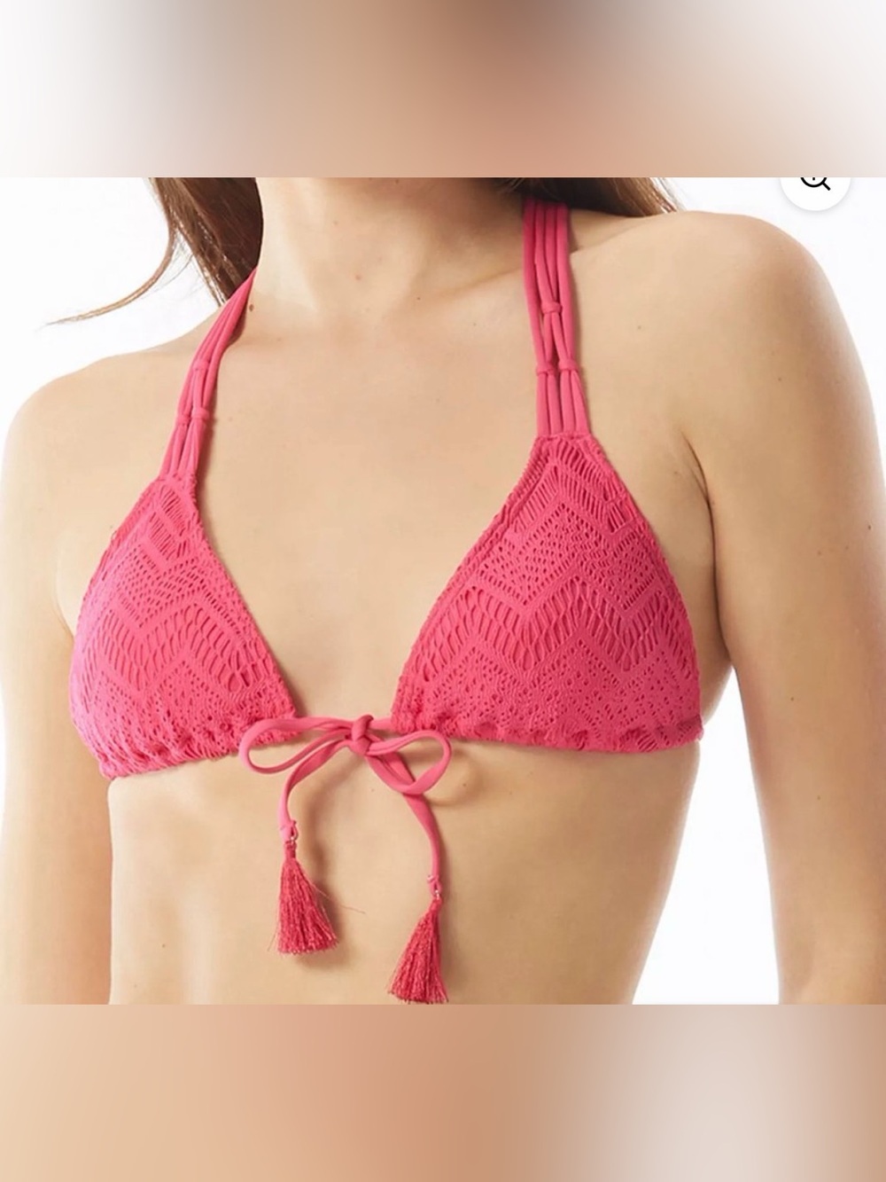 NWT. Vince Camuto Dragon Fruit Crochet Tassel Tie-Front Triangle Bikini Top